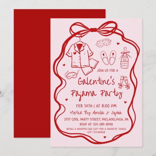 Invitation Whimsical Hand Drawn Galentine's Pajama Party  (Devant / Derrière)