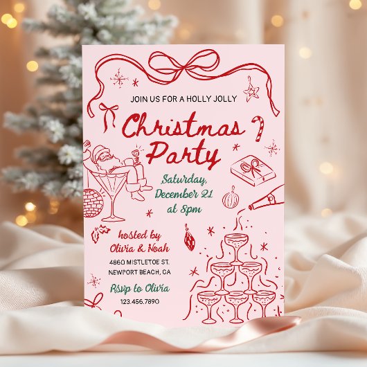Invitation Whimsical Hand Drawn Holly Jolly Christmas Party