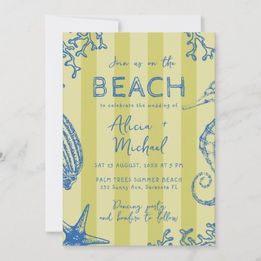 Invitation Whimsical hand drawn nautical coastal wedding (Devant)