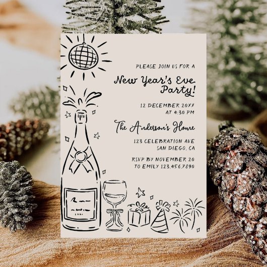 Invitation Whimsical Hand Drawn New Year's Eve Party