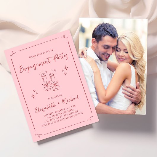 Invitation Whimsical Hand Drawn Pink Red Engagement Party