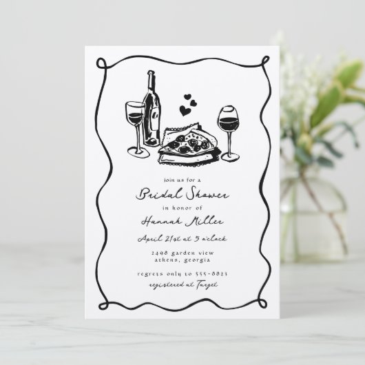 Invitation Whimsical Hand Drawn Pizza Wine Bridal Shower (Debout devant)