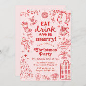 Invitation Whimsical Hand Drawn Red and Pink Christmas Party (Devant / Derrière)