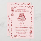 Invitation Whimsical Hand Drawn Red Cherries & Bows (Devant / Derrière)