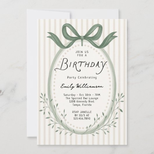 Invitation Whimsical Handdrawn Stripes Bow Frame Birthday (Devant)