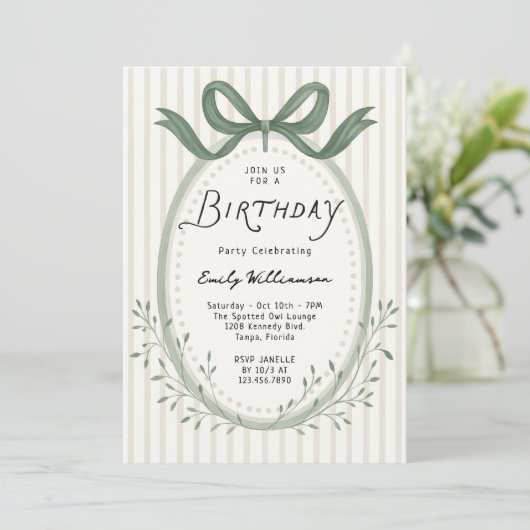 Invitation Whimsical Handdrawn Stripes Bow Frame Birthday (Debout devant)