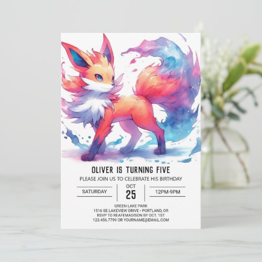 Invitation Whimsical Happy Fox Anniversaire (Debout devant)