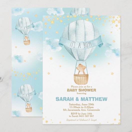 Invitation Whimsical Hot Air Baby shower Bear Boy (Devant / Derrière)