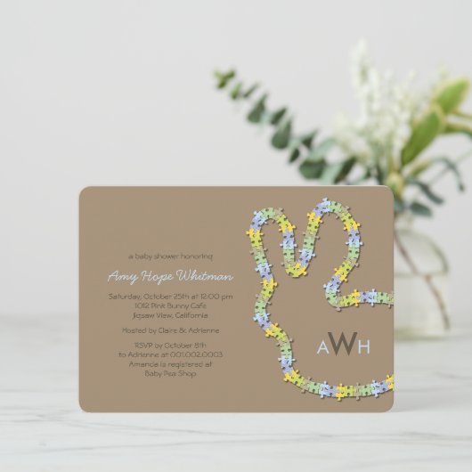 Invitation Whimsical Jigsaw Blue Bunny Baby shower garçon lap (Debout devant)