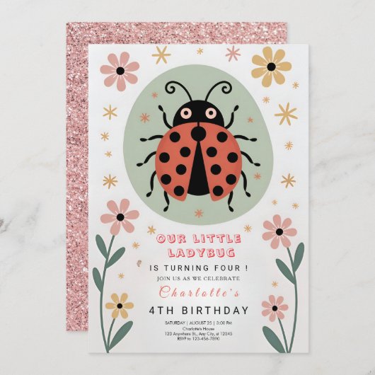 Invitation Whimsical Ladybug Birthday (Devant / Derrière)