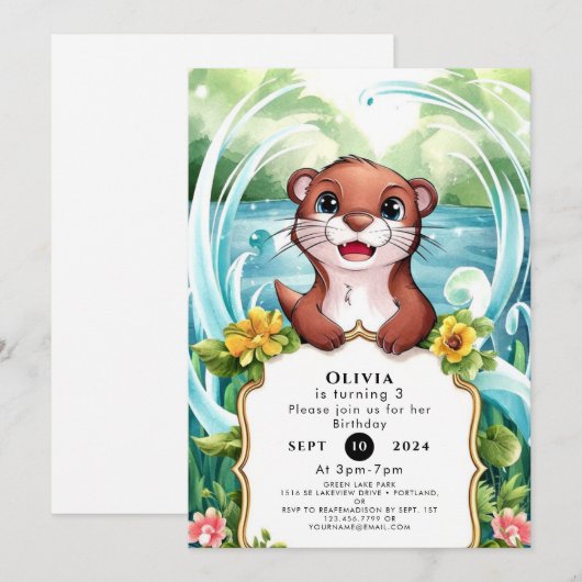Invitation Whimsical Lake Otter Anniversaire (Devant / Derrière)