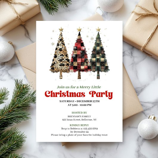 Invitation Whimsical leopard and plaid Christmas tree invite
