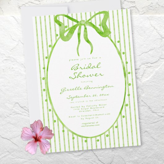 Invitation Whimsical Lime Watercolor Bow Stripe Bridal Shower