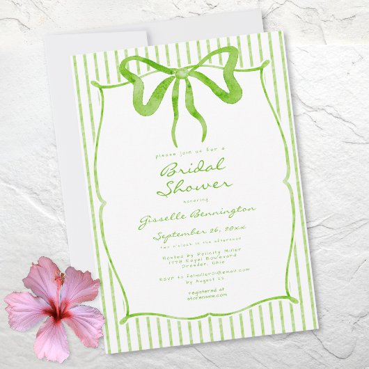 Invitation Whimsical Lime Watercolor Bow Stripe Bridal Shower