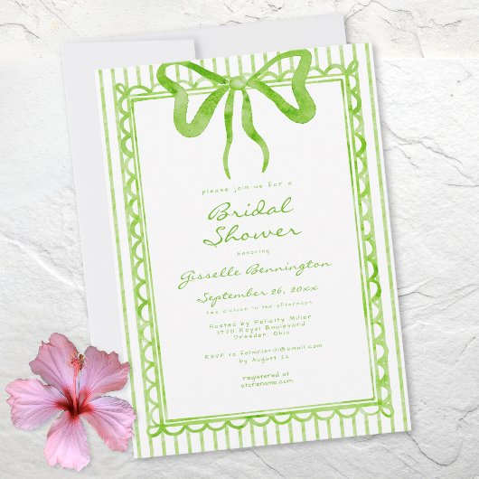 Invitation Whimsical Lime Watercolor Bow Stripe Bridal Shower