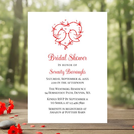Invitation Whimsical Lovebirds Boho Red Heart Bridal Shower