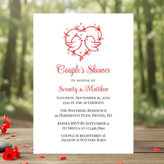 Invitation Whimsical Lovebirds Boho Red Heart Bridal Shower
