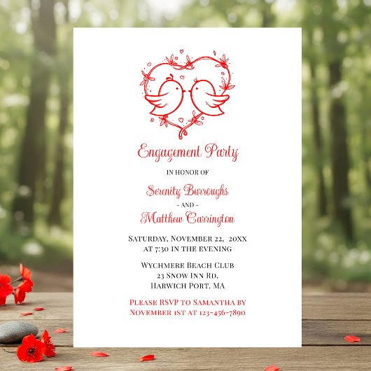 Invitation Whimsical Lovebirds Boho Red Love Heart Engagement