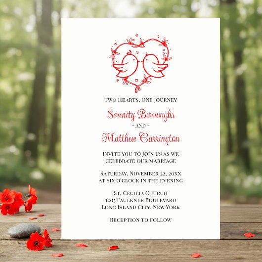 Invitation Whimsical Lovebirds Boho Red Love Heart Wedding 