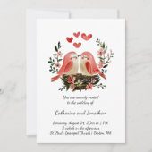 Invitation Whimsical Lovebirds Pink Hearts Wedding | (Devant)