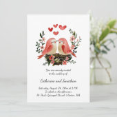 Invitation Whimsical Lovebirds Pink Hearts Wedding | (Debout devant)