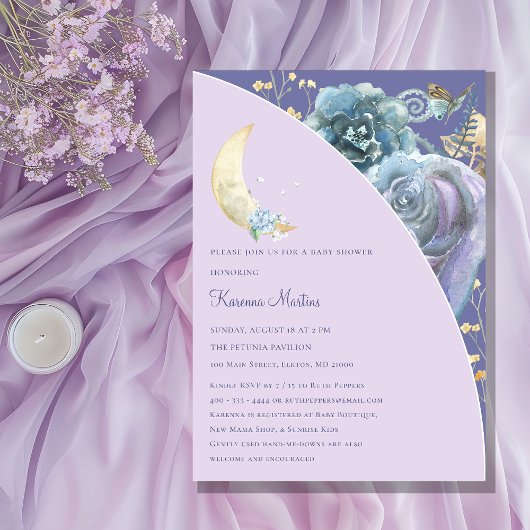 Invitation Whimsical Lune violet Baby shower neutre pour les
