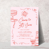 Invitation Whimsical main française tiré rose rouge 30e anniv