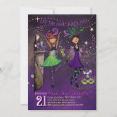 Invitation Whimsical Mardi Gras Dancing Girls Green & Purple  (Devant)