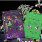 Invitation Whimsical Mardi Gras Dancing Girls Green & Purple 