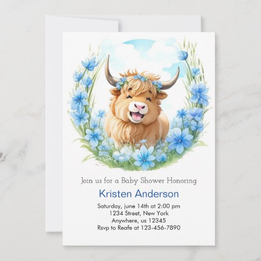 Invitation Whimsical Meadow Highland Cow Boy Baby shower (Devant)