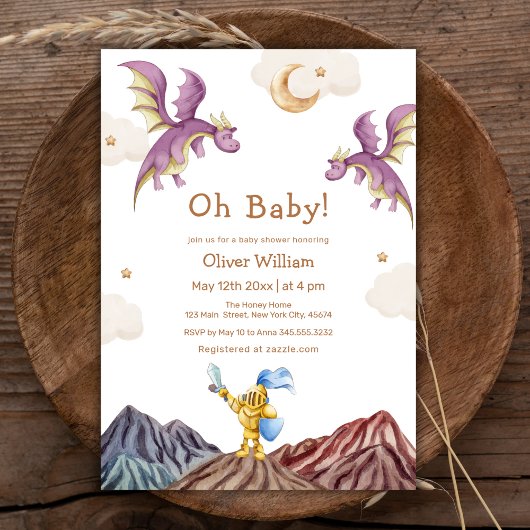 Invitation Whimsical Médiéval Fairytale Baby shower Dragon
