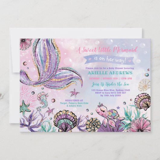 Invitation Whimsical Mermaid Pool Party Ocean Sea Baby shower (Devant)