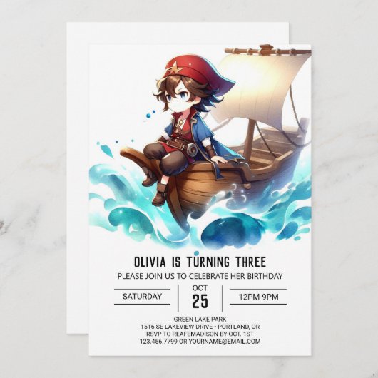 Invitation Whimsical mignon Pirate Anniversaire (Devant / Derrière)