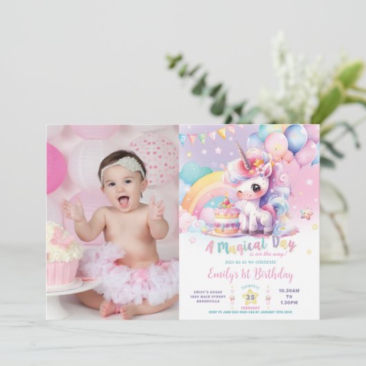 Invitation Whimsical mignon Rainbow Unicorn Image d'anniversa (Debout devant)