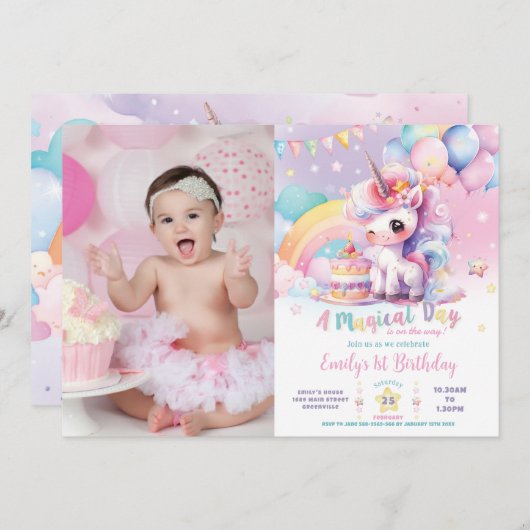 Invitation Whimsical mignon Rainbow Unicorn Image d'anniversa (Devant / Derrière)