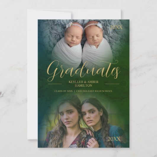 Invitation Whimsical Modern Script 2 Photos Graduates Twins (Devant)