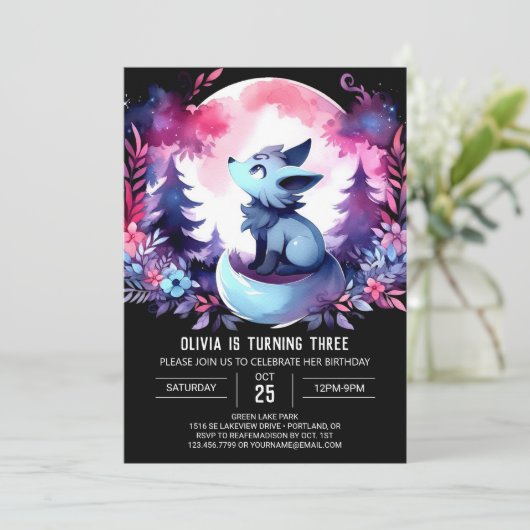 Invitation Whimsical Modern Wolf Anniversaire (Debout devant)
