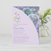 Invitation Whimsical Moon Purple C'est un Baby shower garçon (Debout devant)