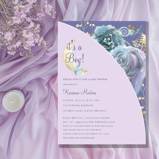 Invitation Whimsical Moon Purple C'est un Baby shower garçon