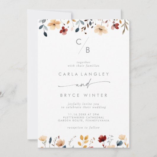 Invitation Whimsical Multicolor Wildflower Monogram Wedding (Devant)