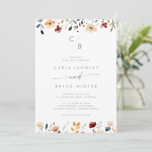 Invitation Whimsical Multicolor Wildflower Monogram Wedding (Debout devant)