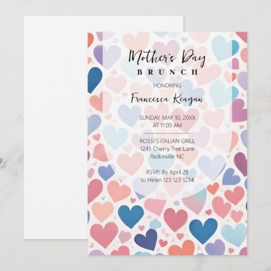 Invitation Whimsical Multicolored Hearts Mothers Day Party (Devant / Derrière)