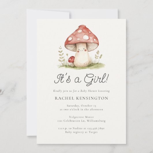 Invitation Whimsical Mushroom C'est un Baby shower de fille (Devant)