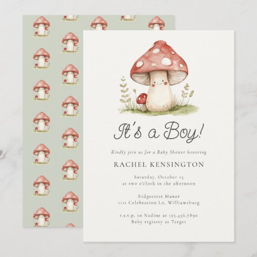 Invitation Whimsical Mushroom C'est un Baby shower garçon (Devant / Derrière)