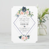 Invitation Whimsical Navy Blue Blush Floral Mariage (Debout devant)