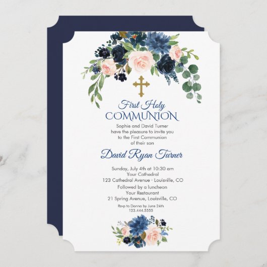 Invitation Whimsical Navy Blue Blush Flowers Première communi (Devant / Derrière)