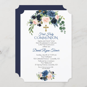 Invitation Whimsical Navy Blue Blush Flowers Première communi