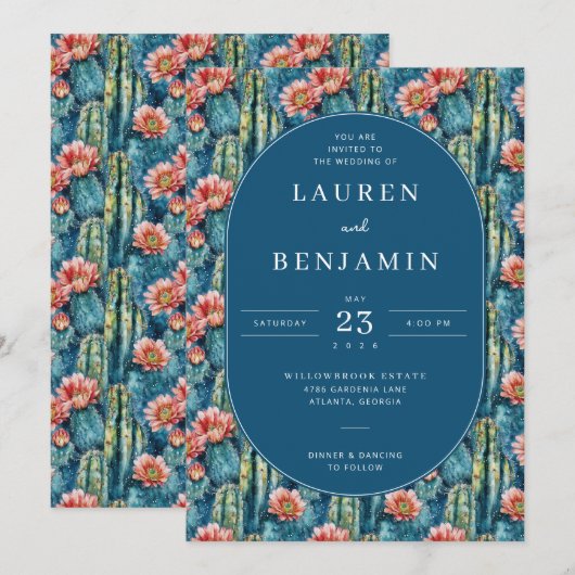 Invitation Whimsical Navy Botanical Cactus (Devant / Derrière)