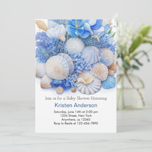 Invitation Whimsical Ocean Blue Beach Boy Baby shower (Debout devant)