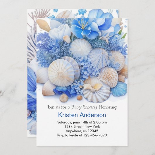 Invitation Whimsical Ocean Blue Beach Boy Baby shower (Devant / Derrière)